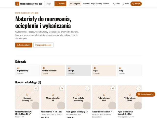 Strona główna sklepu Skład Budowlany Mur-Bud z Commerce OS: konkretny układ z kategoriami klejów, płytek, farb i izolacji