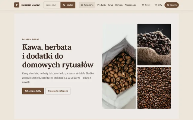Strona główna sklepu Palarnia Ziarno: ciepłe kolory, zdjęcia kawy i nagłówek „Kawa, herbata i dodatki”