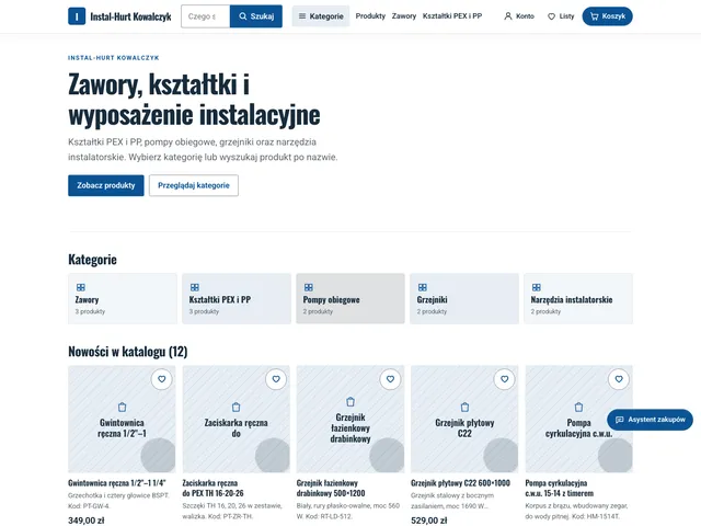 Strona główna sklepu pokazowego z hydrauliką z Commerce OS: rzeczowy układ z wyszukiwarką i kategoriami armatury