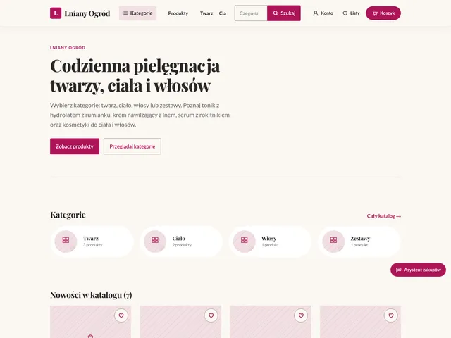 Strona główna sklepu Lniany Ogród z Commerce OS: delikatny, przestronny układ z kategoriami kosmetyków naturalnych