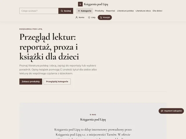 Strona główna sklepu Księgarnia pod Lipą z Commerce OS: kameralny, typograficzny układ z kategoriami książek