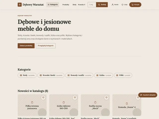 Strona główna sklepu Dębowy Warsztat z Commerce OS: jasne tło, szeroki nagłówek i kategorie mebli, wygląd z opisu właściciela