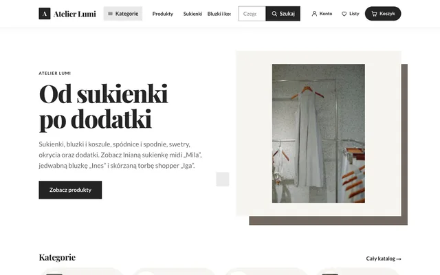 Strona główna sklepu Atelier Lumi: jasny, elegancki układ z nagłówkiem „Od sukienki po dodatki”