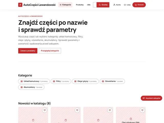 Strona główna sklepu AutoCzęści Lewandowski z Commerce OS: czytelny układ, wyszukiwarka i kategorie części, wygląd z opisu właściciela