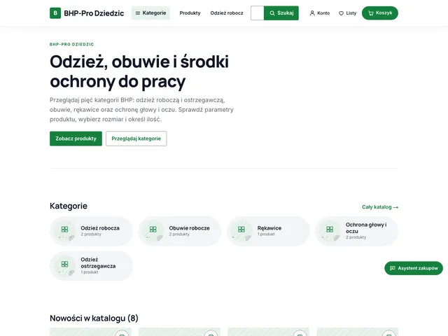 Strona główna sklepu BHP-Pro Dziedzic z Commerce OS: mocny, czytelny układ z kategoriami odzieży, obuwia i rękawic