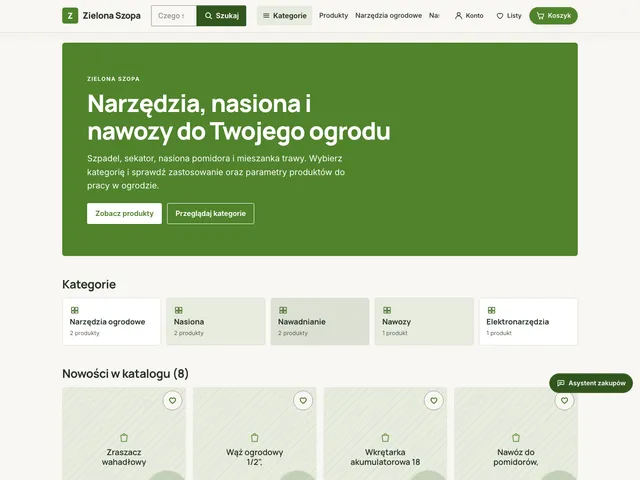 Strona główna sklepu Zielona Szopa z Commerce OS: praktyczny, zielony układ z kategoriami narzędzi i nasion