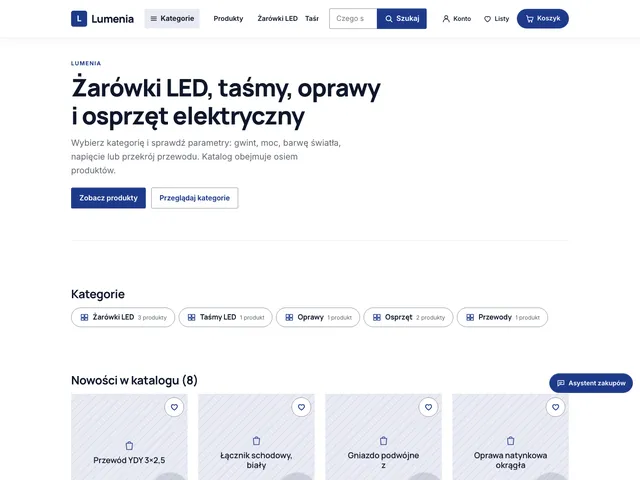 Strona główna sklepu Lumenia z Commerce OS: nowoczesny, jasny układ z kategoriami żarówek, taśm LED i osprzętu