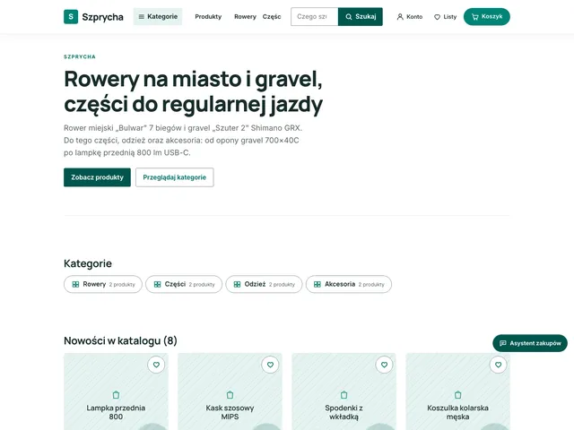 Strona główna sklepu Szprycha z Commerce OS: dynamiczny układ z kategoriami rowerów, części i odzieży