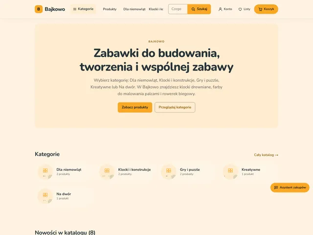Strona główna sklepu Bajkowo z Commerce OS: radosny, spokojny układ z kategoriami zabawek