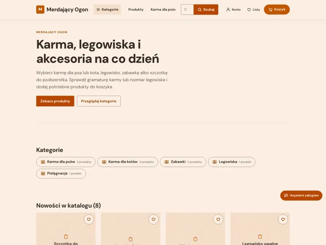 Strona główna sklepu Merdający Ogon z Commerce OS: ciepły, przyjazny układ z kategoriami dla psów i kotów