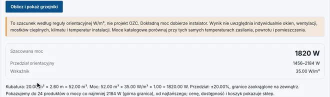 Sklep Hydro Części, dodatek przygotowany przez AI, dobór mocy grzejnika: szacowana moc 1820 W, przedział 1456-2184 W