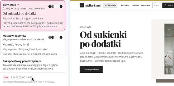Panel, wygląd sklepu: wybrana propozycja „Biały butik” obok podglądu strony głównej Atelier Lumi z nagłówkiem „Od sukienki po dodatki”