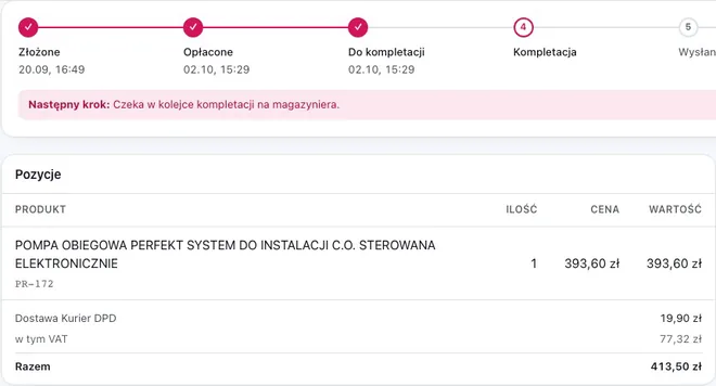 Panel, zamówienie ZAM-2026-001000: oś etapów od złożenia do kompletacji, pozycja „Pompa obiegowa” i suma 413,50 zł