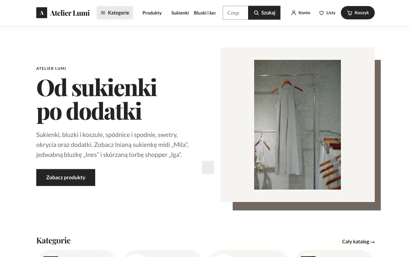 Gotowy sklep Atelier Lumi zbudowany w Commerce OS: strona główna z nagłówkiem „Od sukienki po dodatki”, zdjęciem i kategoriami